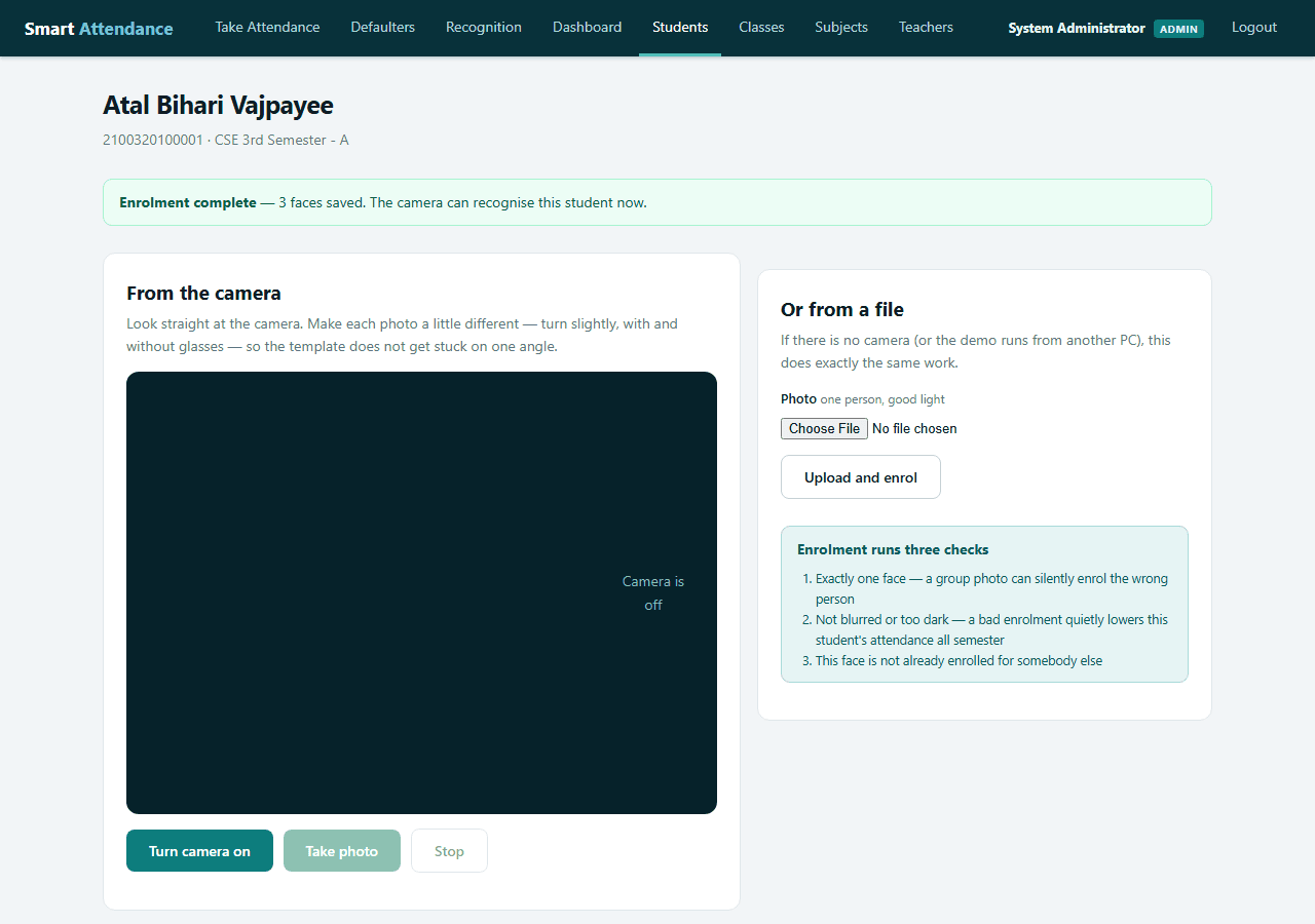 Smart Attendance System with Face Recognition — enroll screen