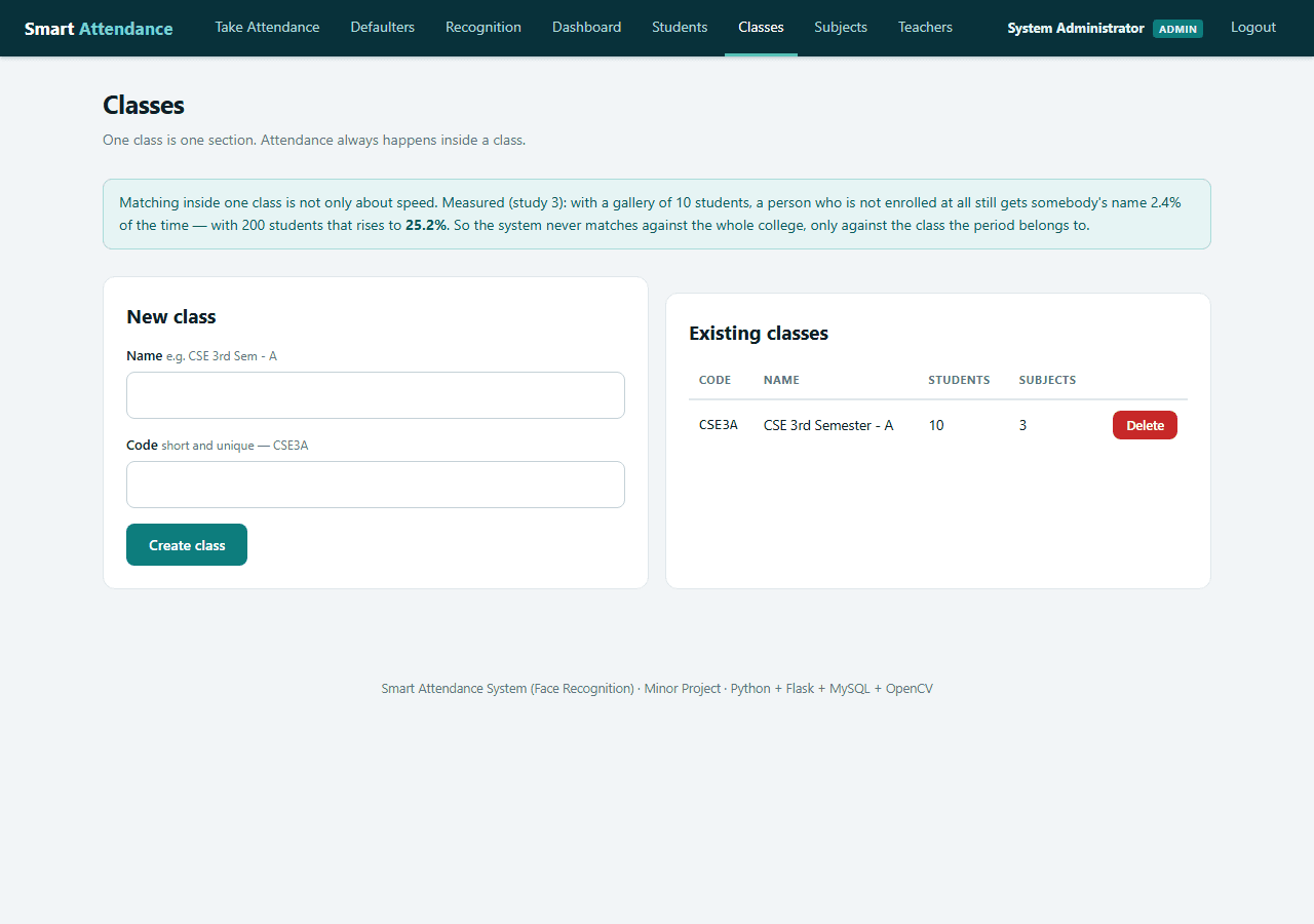 Smart Attendance System with Face Recognition — classes screen