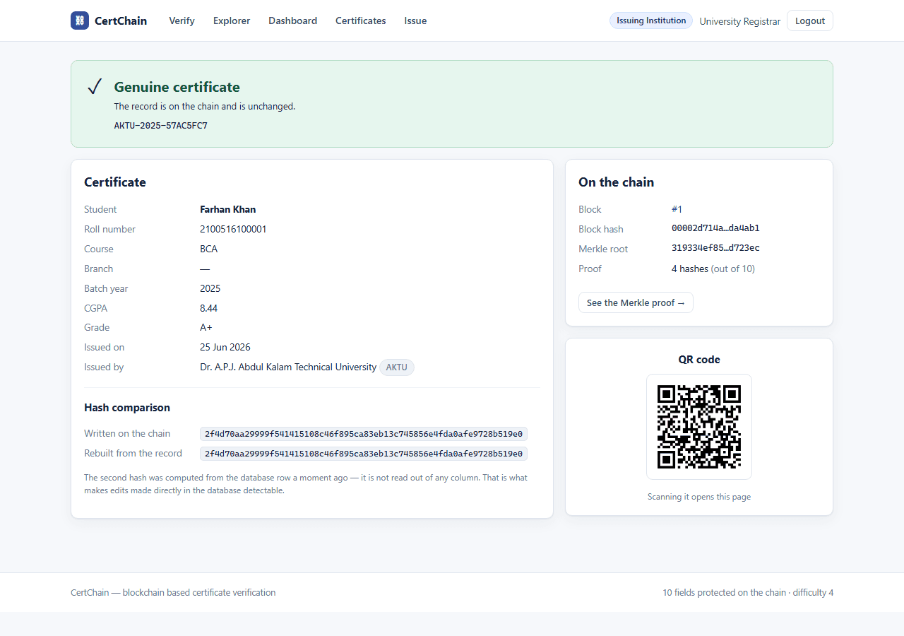 Blockchain Certificate Verification with MySQL — verify genuine screen
