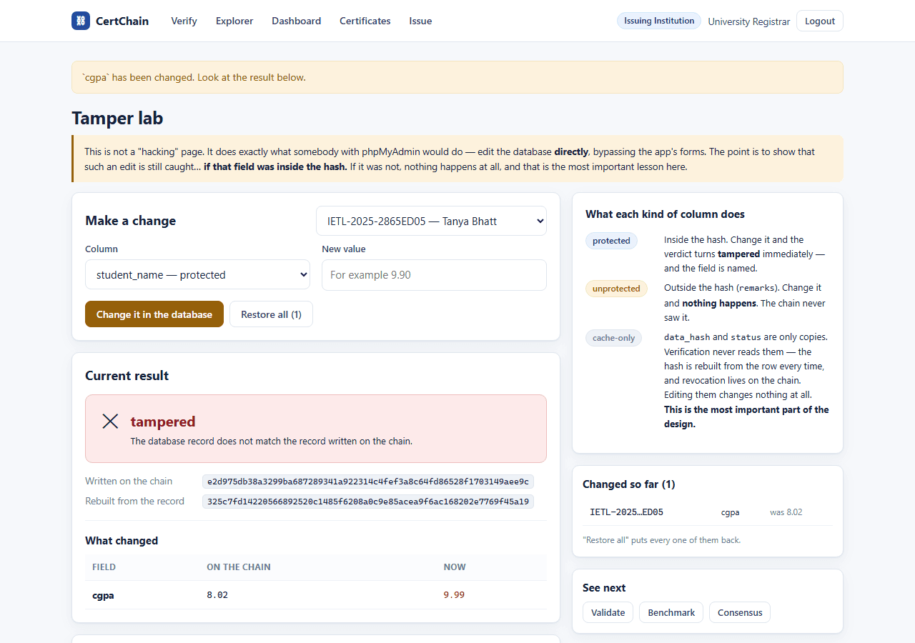 Blockchain Certificate Verification with MySQL — tamper lab screen