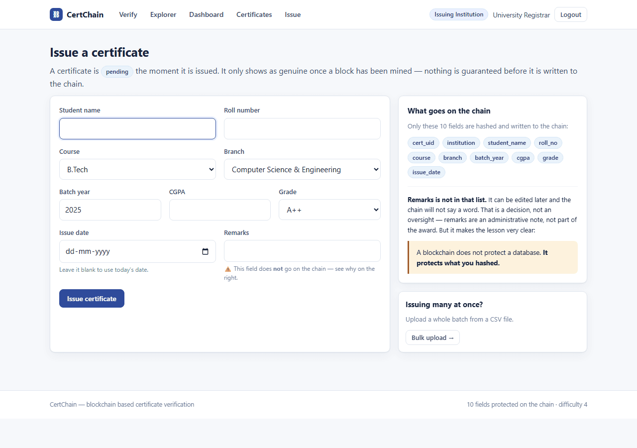 Blockchain Certificate Verification with MySQL — issue form screen