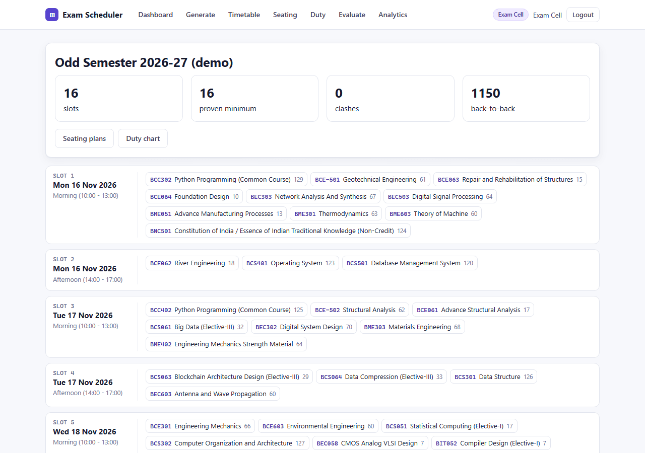 Exam Timetable, Seating and Invigilation System with MySQL — timetable screen