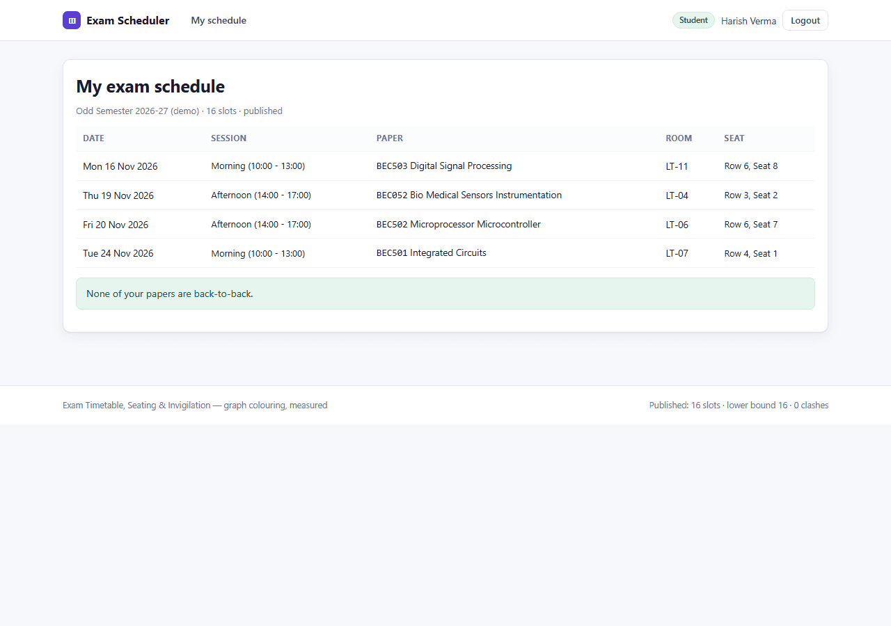 Exam Timetable, Seating and Invigilation System with MySQL — student screen