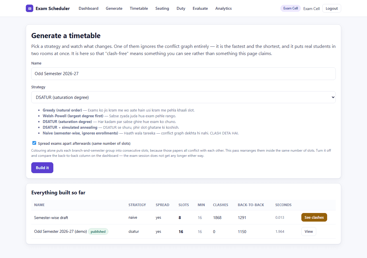 Exam Timetable, Seating and Invigilation System with MySQL — generate screen