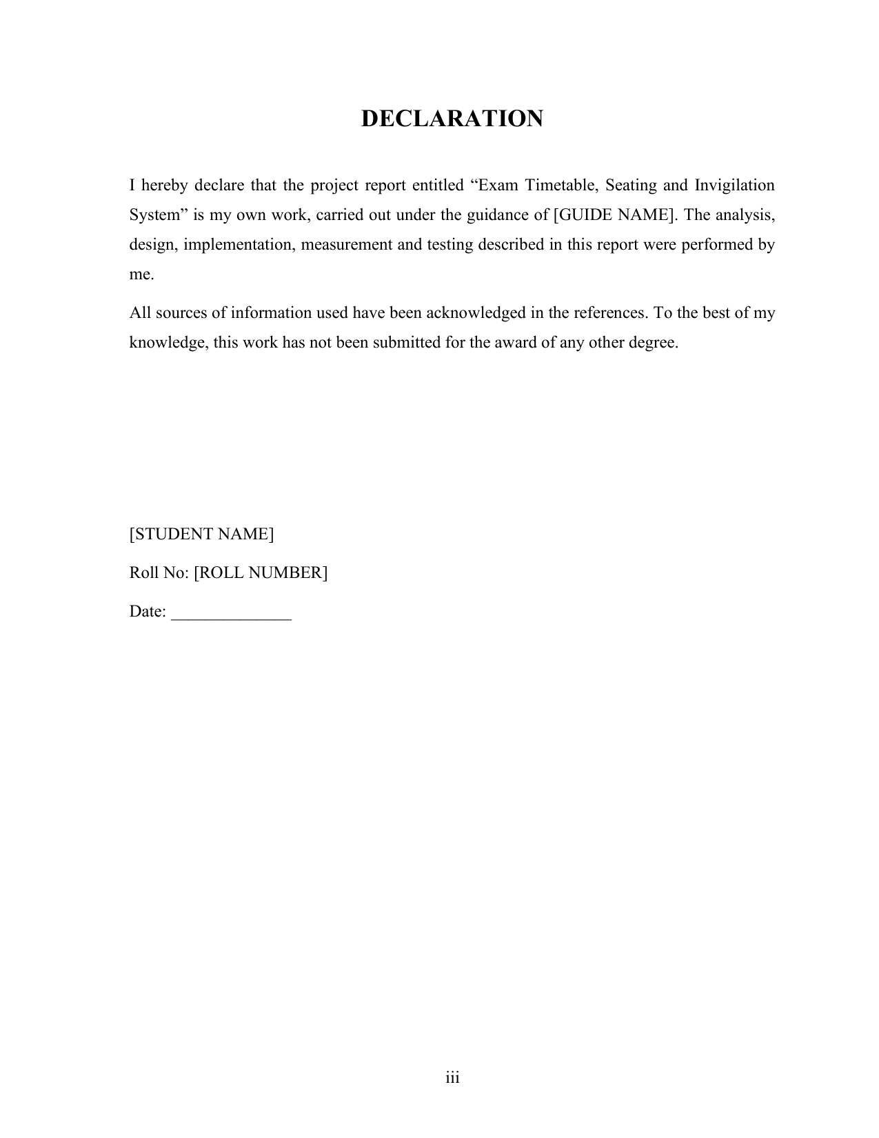 Exam Timetable, Seating and Invigilation System with MySQL project report — page 3