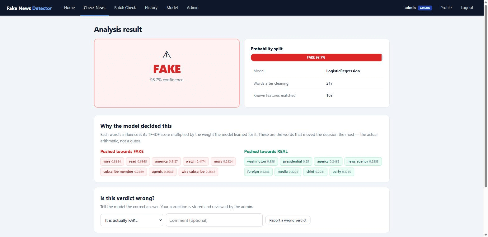 Fake News Detection System using Machine Learning — result screen