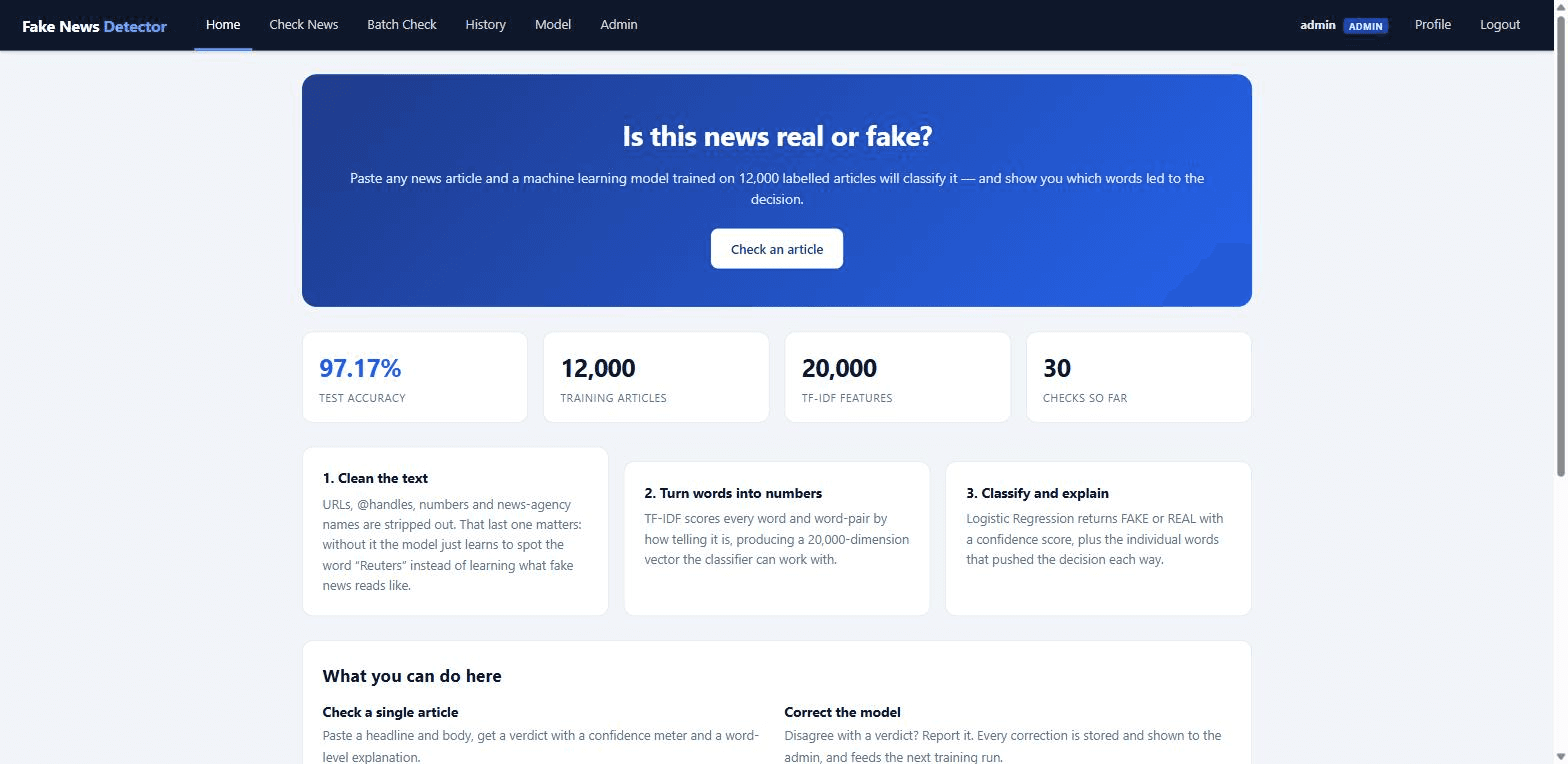 Fake News Detection System using Machine Learning — home screen