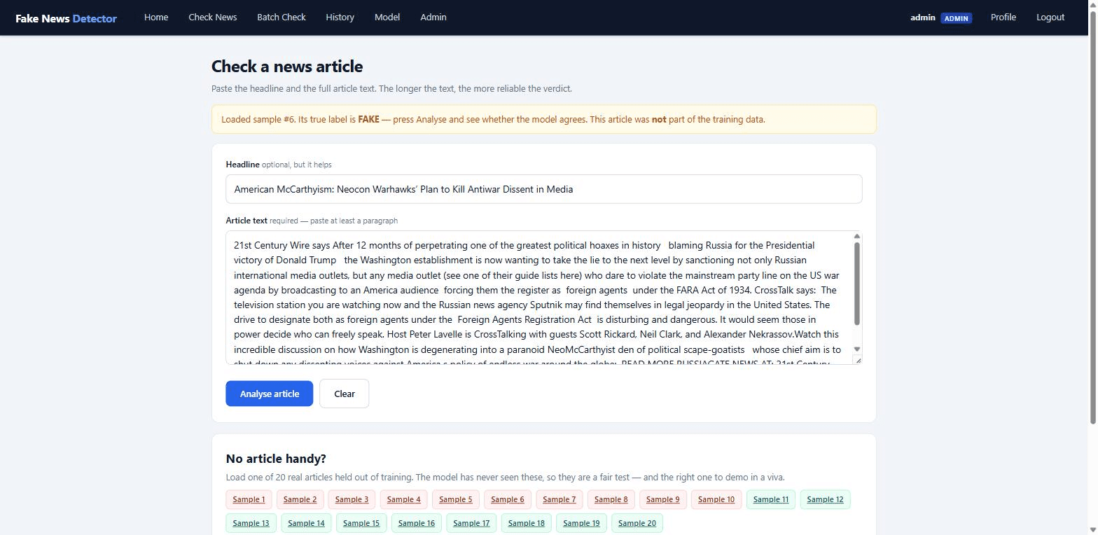 Fake News Detection System using Machine Learning — check screen