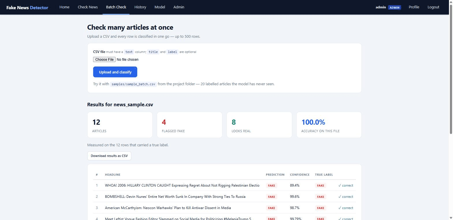 Fake News Detection System using Machine Learning — batch check screen