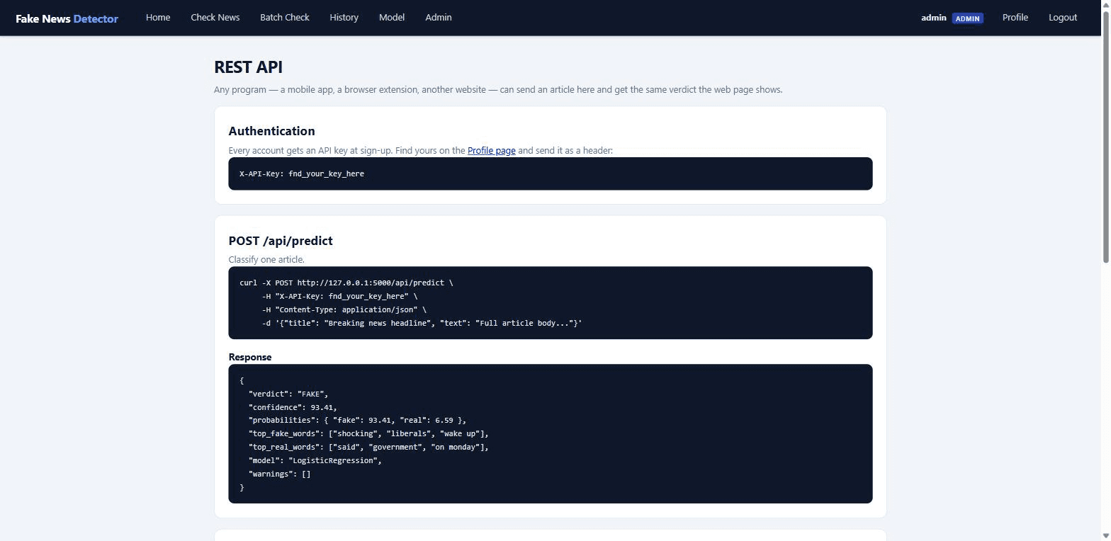 Fake News Detection System using Machine Learning — rest api screen