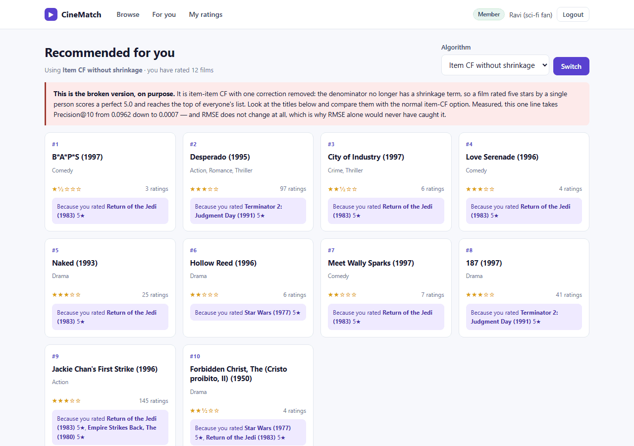 Movie Recommendation System with MySQL — broken recommender screen