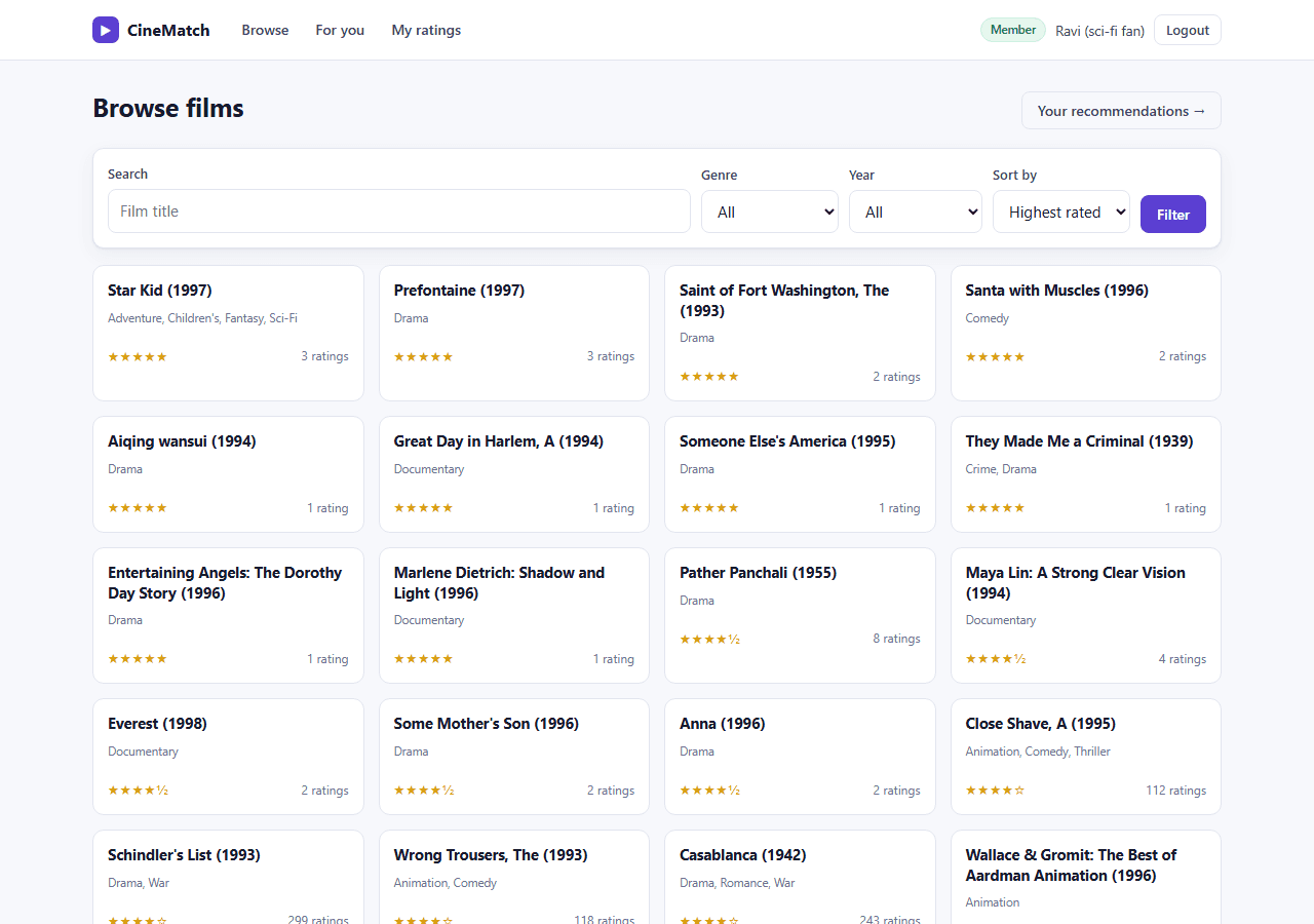 Movie Recommendation System with MySQL — catalogue screen