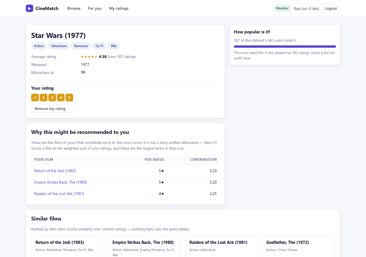 Movie Recommendation System with MySQL — film detail screen