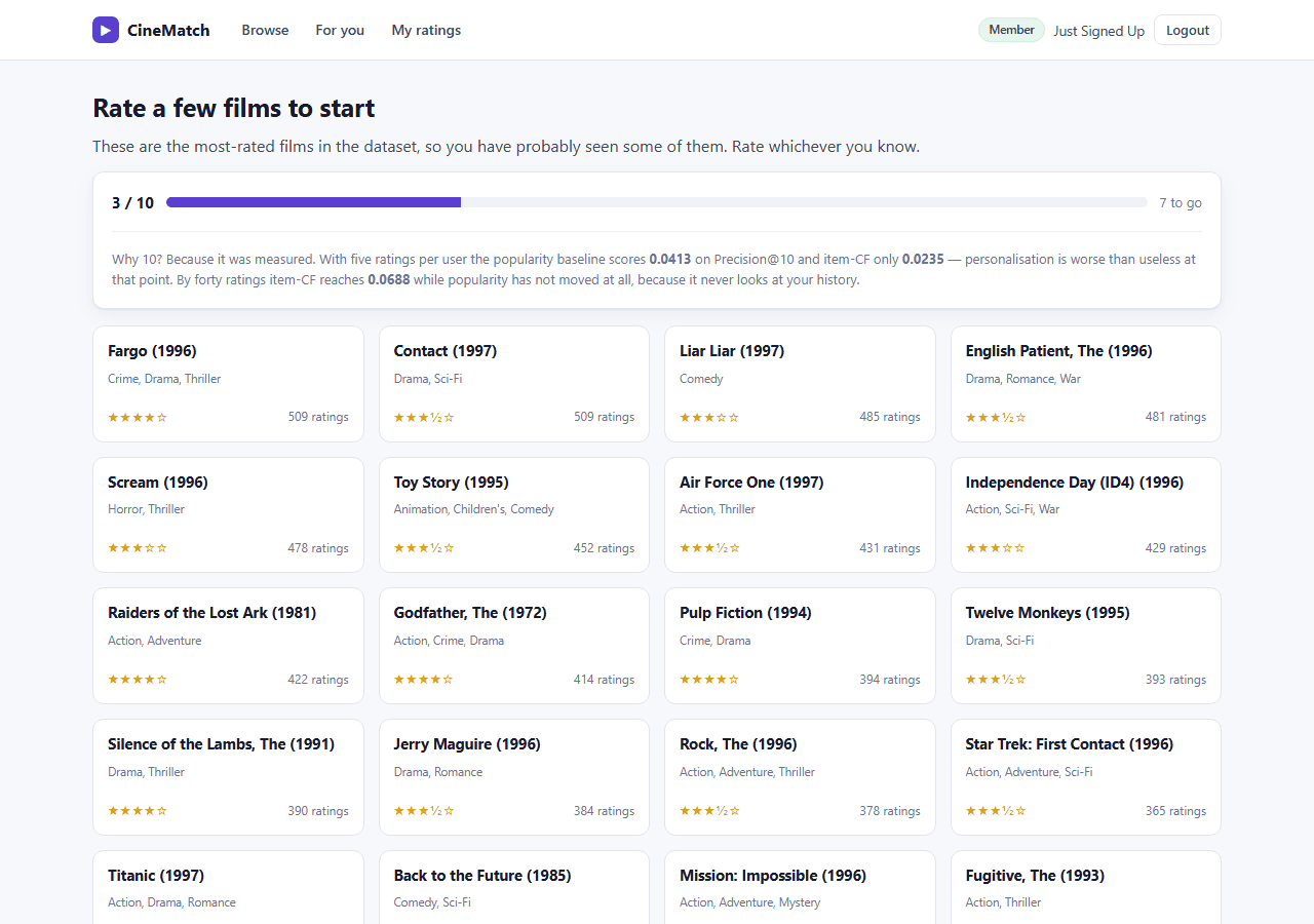 Movie Recommendation System with MySQL — onboarding screen