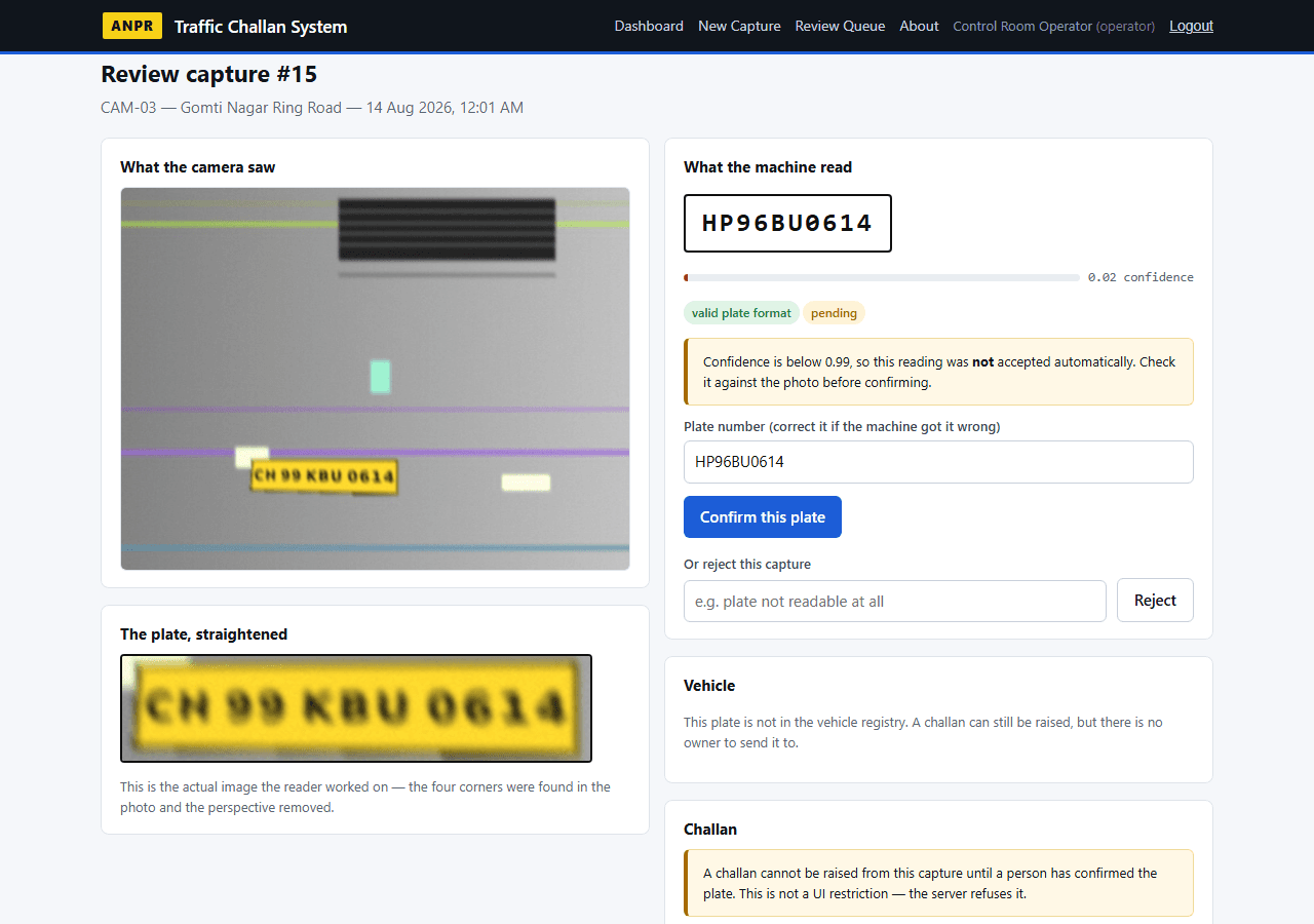 Number Plate Recognition with Automatic Challan — review detail screen