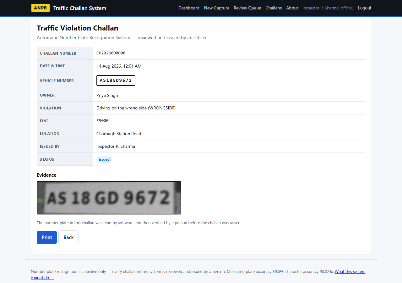 Number Plate Recognition with Automatic Challan — challan print screen