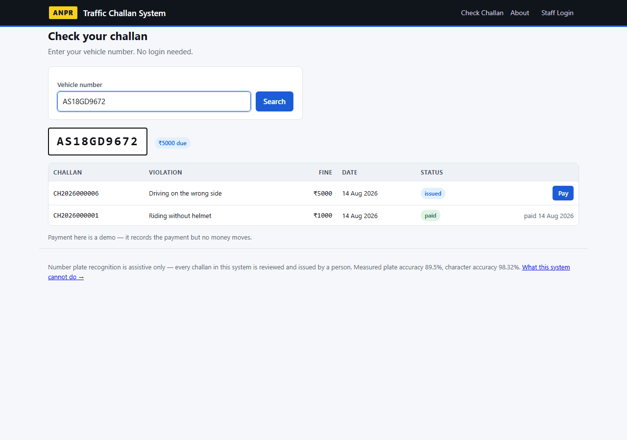 Number Plate Recognition with Automatic Challan — public lookup screen