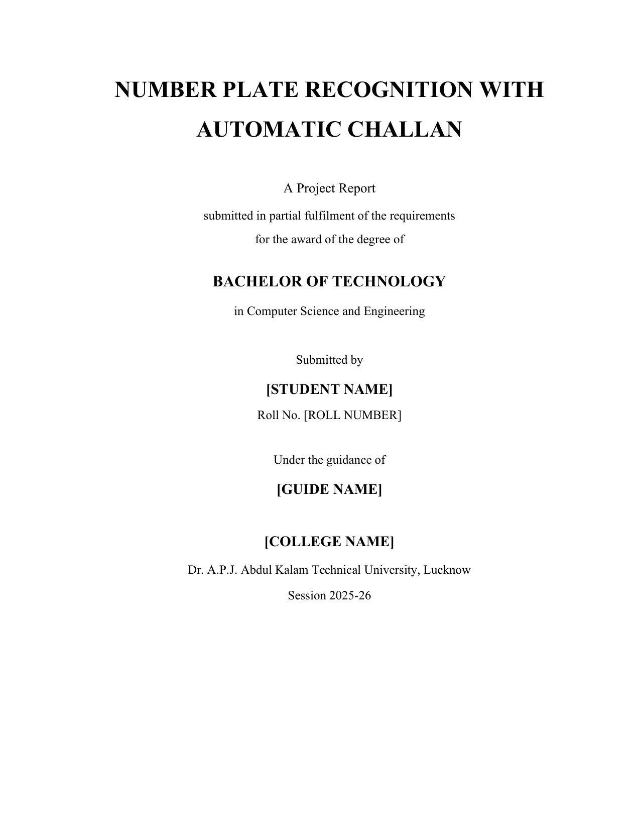 Number Plate Recognition with Automatic Challan project report — page 1