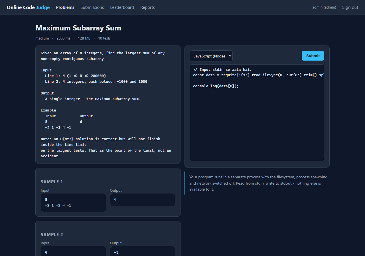 Online Code Judge and Auto-Grader with a Real Sandbox (Node.js, React, SQLite) — problem screen
