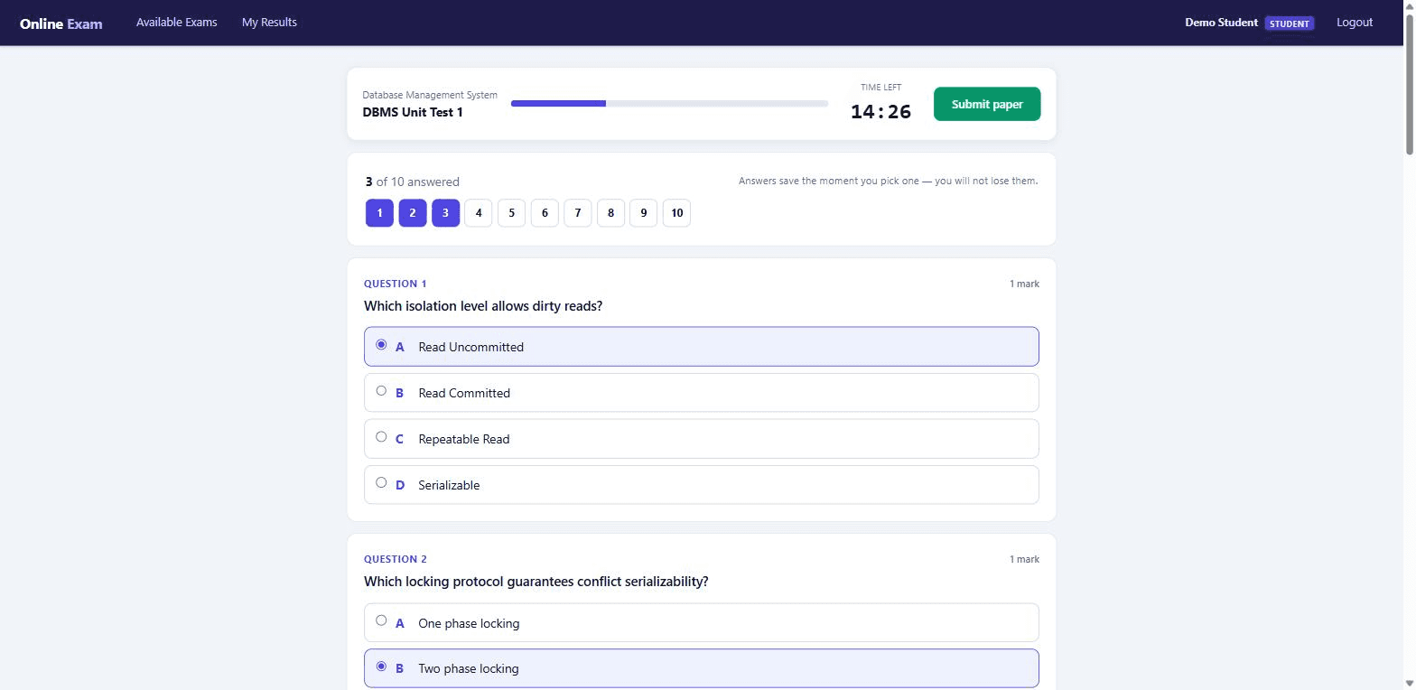 Online Examination System with MySQL — exam screen screen