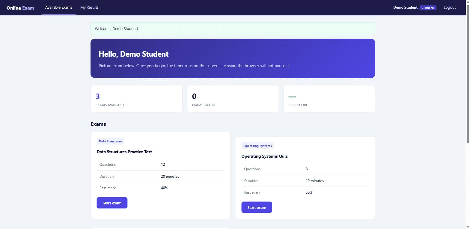 Online Examination System with MySQL — student dashboard screen
