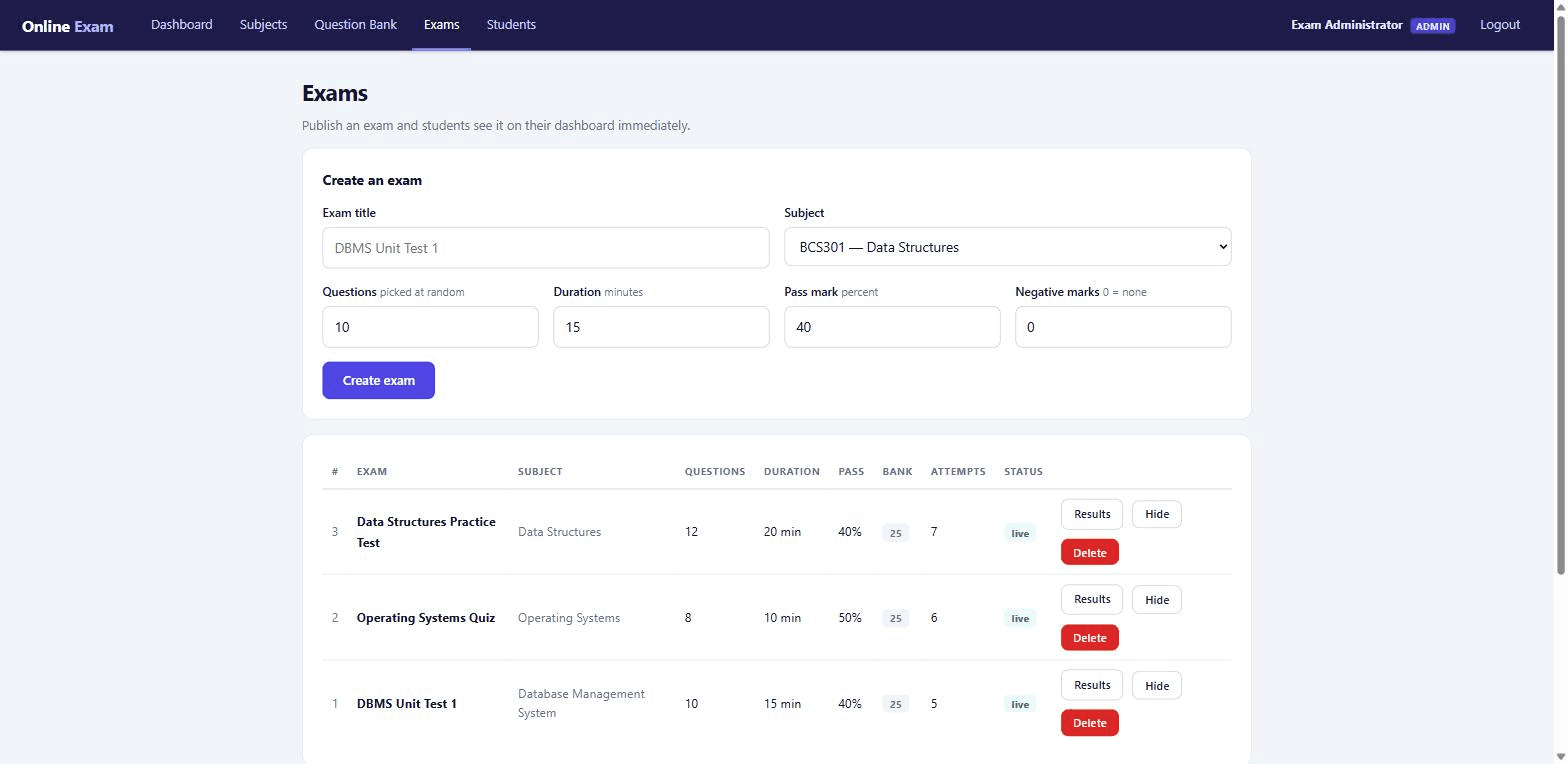 Online Examination System with MySQL — manage exams screen
