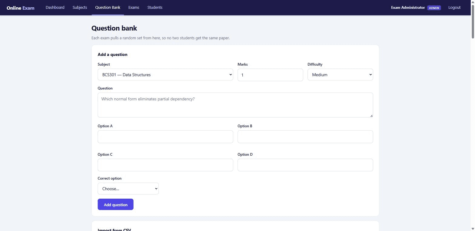 Online Examination System with MySQL — question bank screen