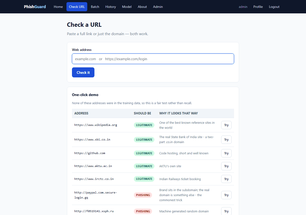 Phishing Website Detection using Machine Learning — check screen