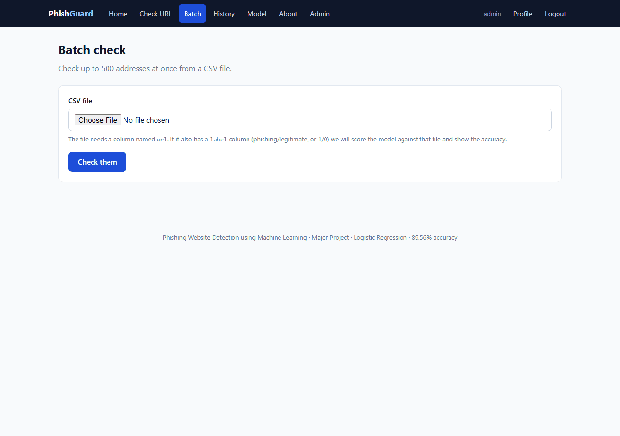 Phishing Website Detection using Machine Learning — batch check screen