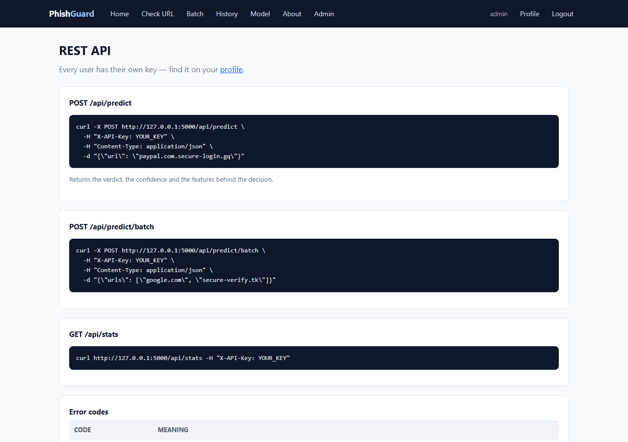 Phishing Website Detection using Machine Learning — rest api screen