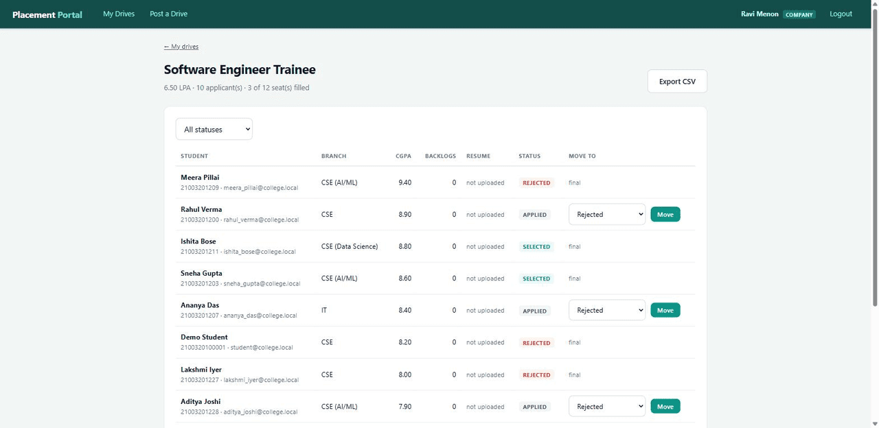 Placement Management System with MySQL — applicant panel screen