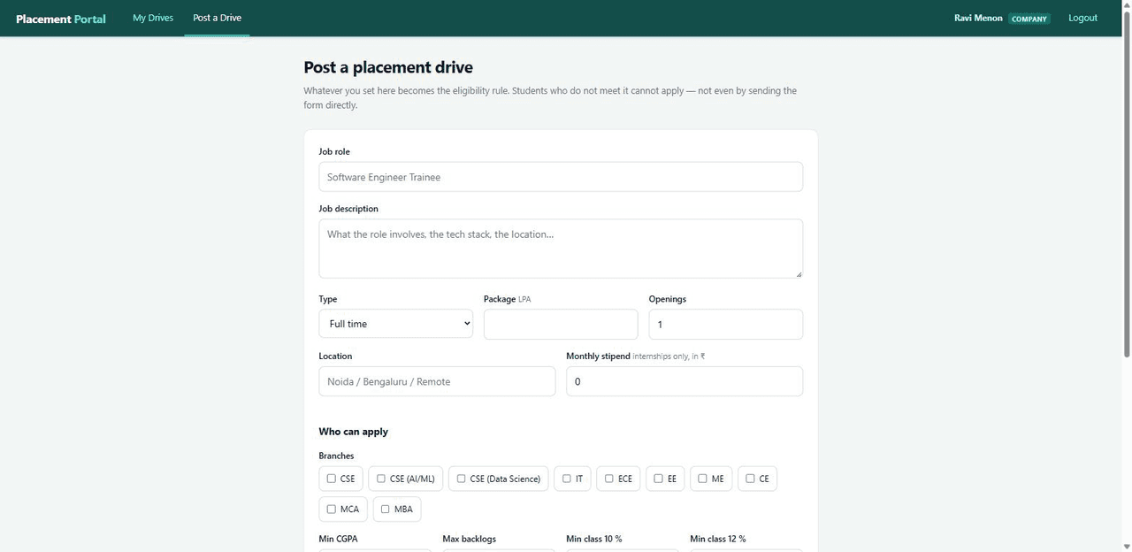 Placement Management System with MySQL — post a drive screen