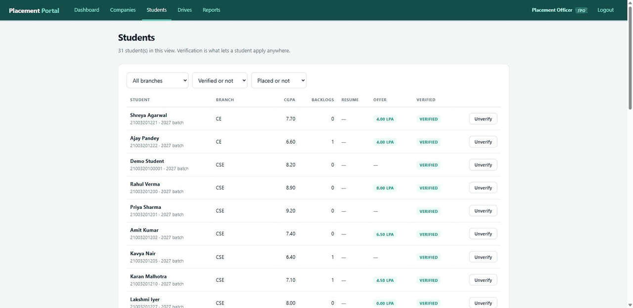 Placement Management System with MySQL — student verification screen