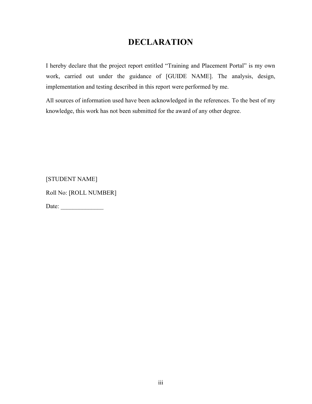 Placement Management System with MySQL project report — page 3