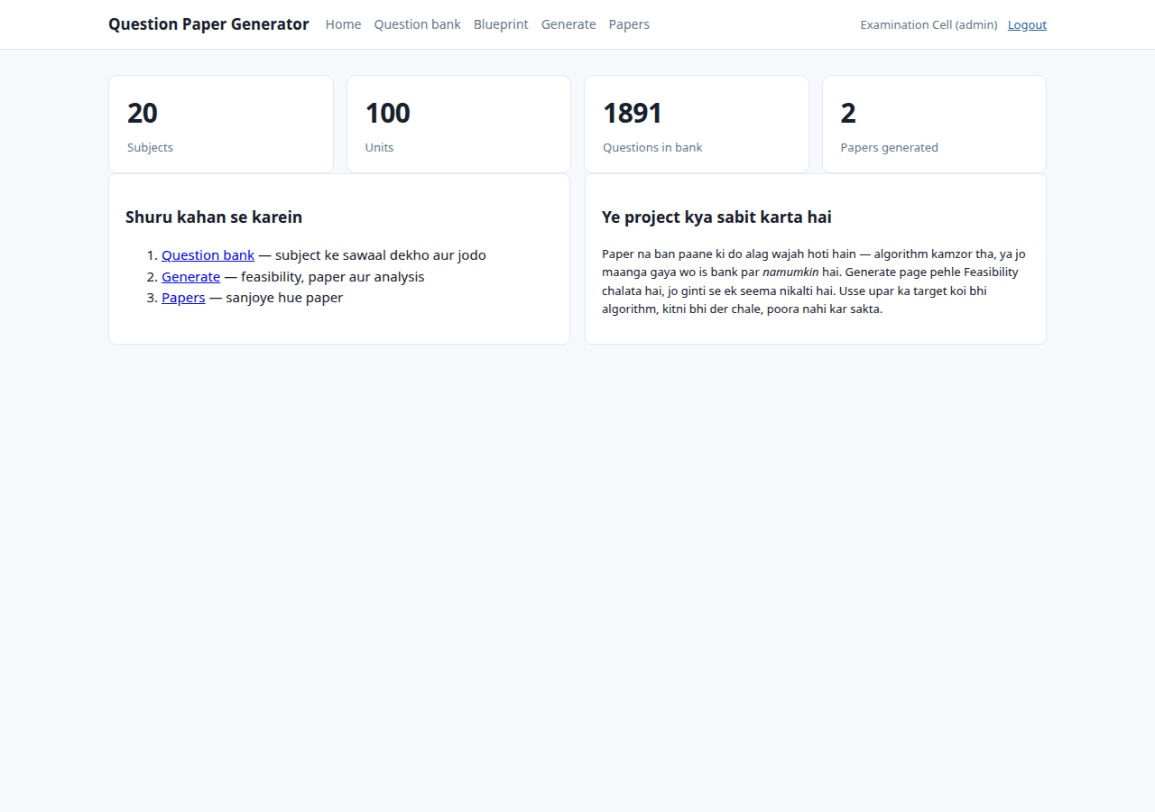 Question Paper Generator with Bloom's Taxonomy Blueprint (Java, JSP, MySQL) — home screen