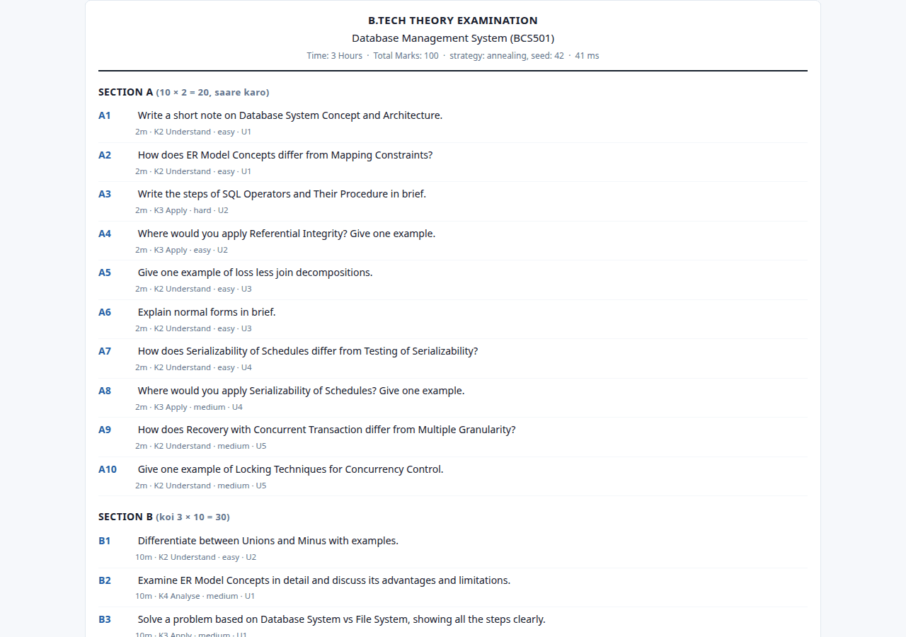 Question Paper Generator with Bloom's Taxonomy Blueprint (Java, JSP, MySQL) — paper screen