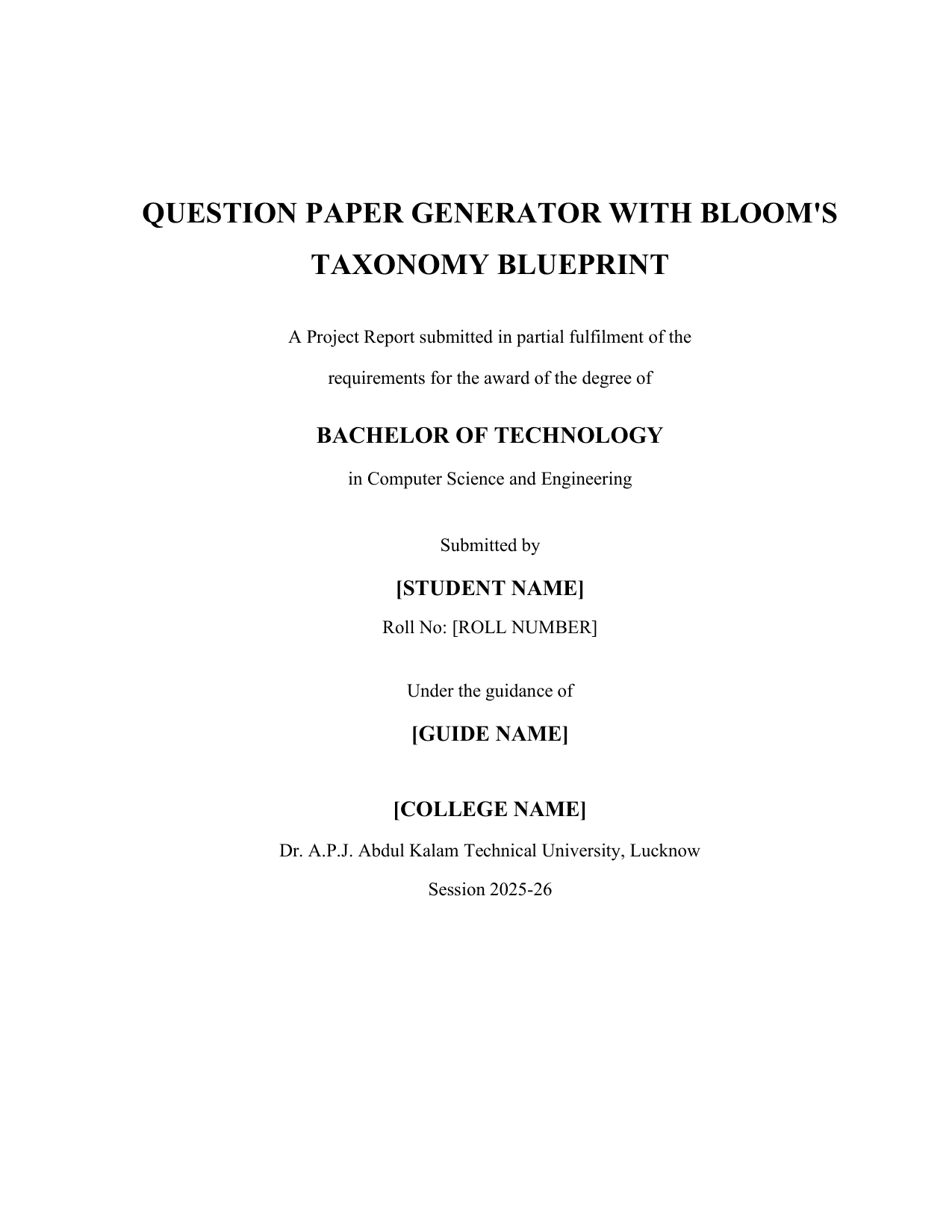 Question Paper Generator with Bloom's Taxonomy Blueprint (Java, JSP, MySQL) project report — page 1