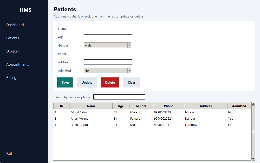 Hospital Management System — patients screen