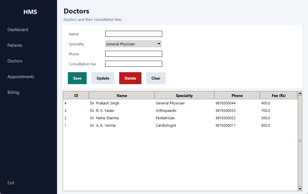 Hospital Management System — doctors screen