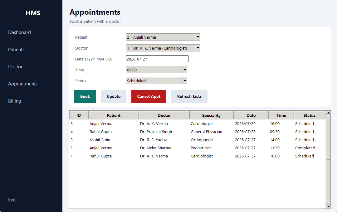 Hospital Management System — appointments screen