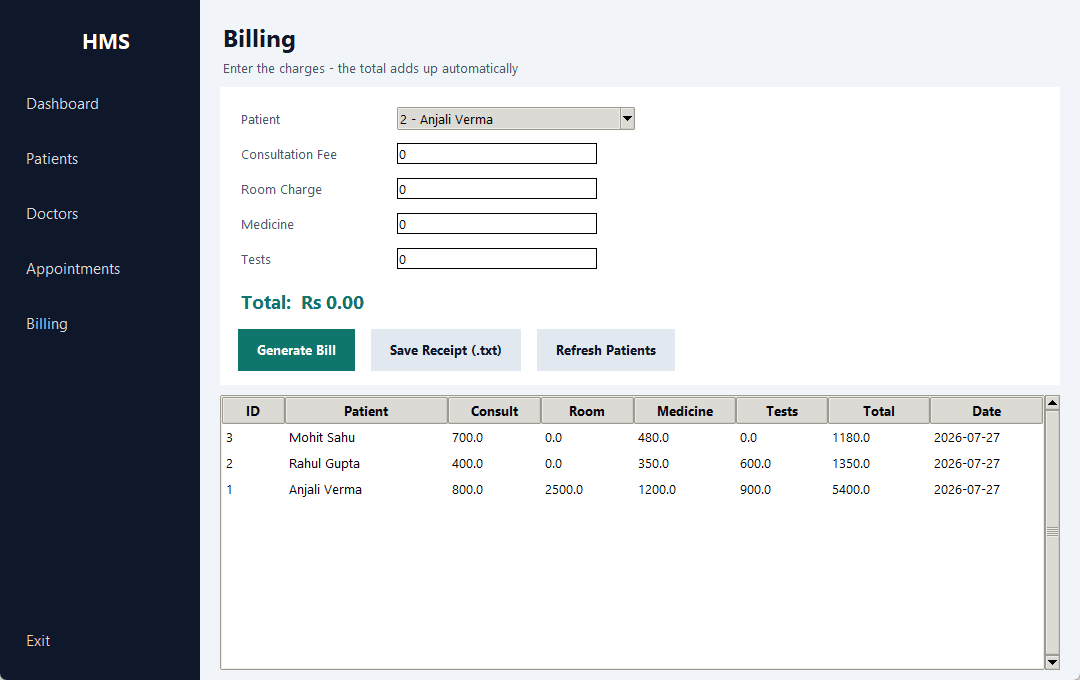 Hospital Management System — billing screen