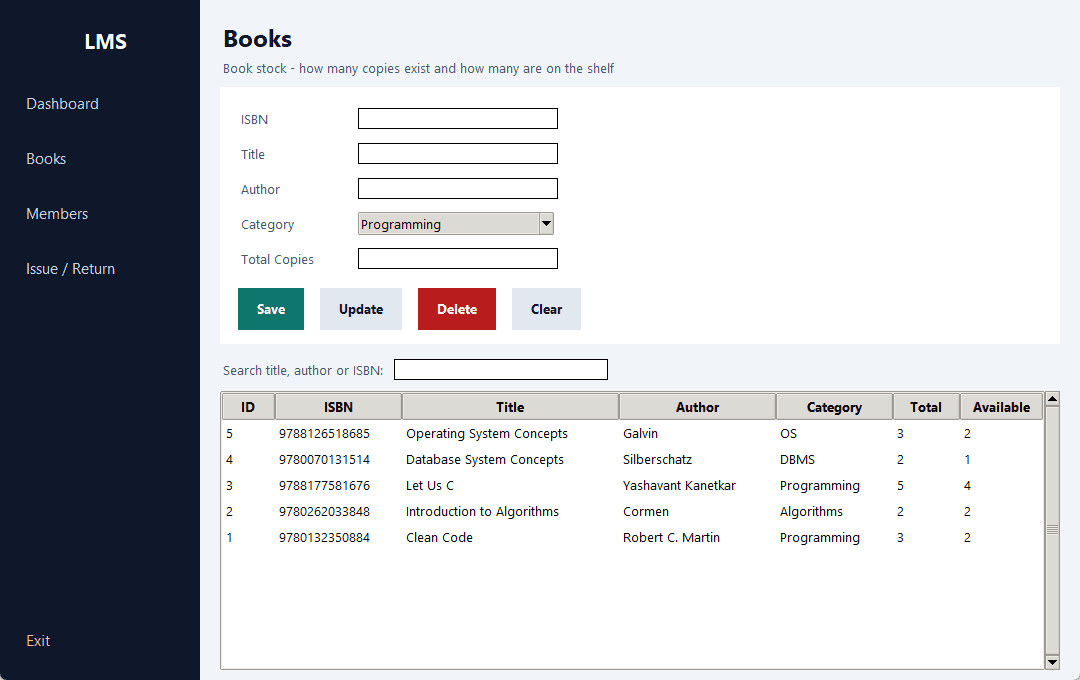 Library Management System — books screen