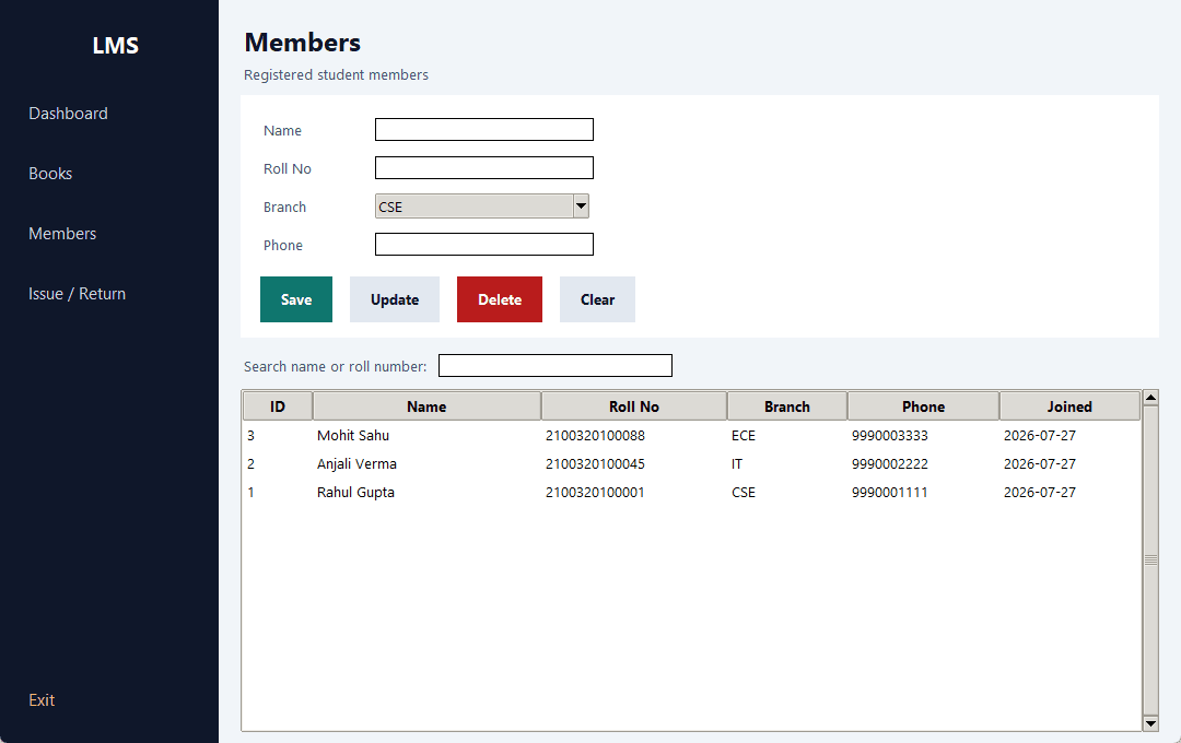 Library Management System — members screen