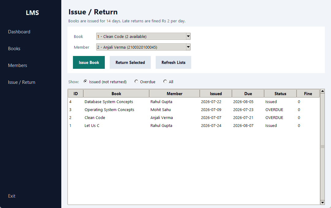 Library Management System — issue return screen