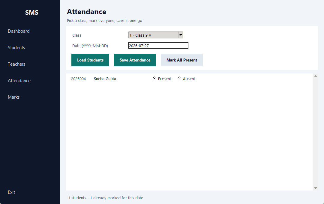 School Management System — attendance screen